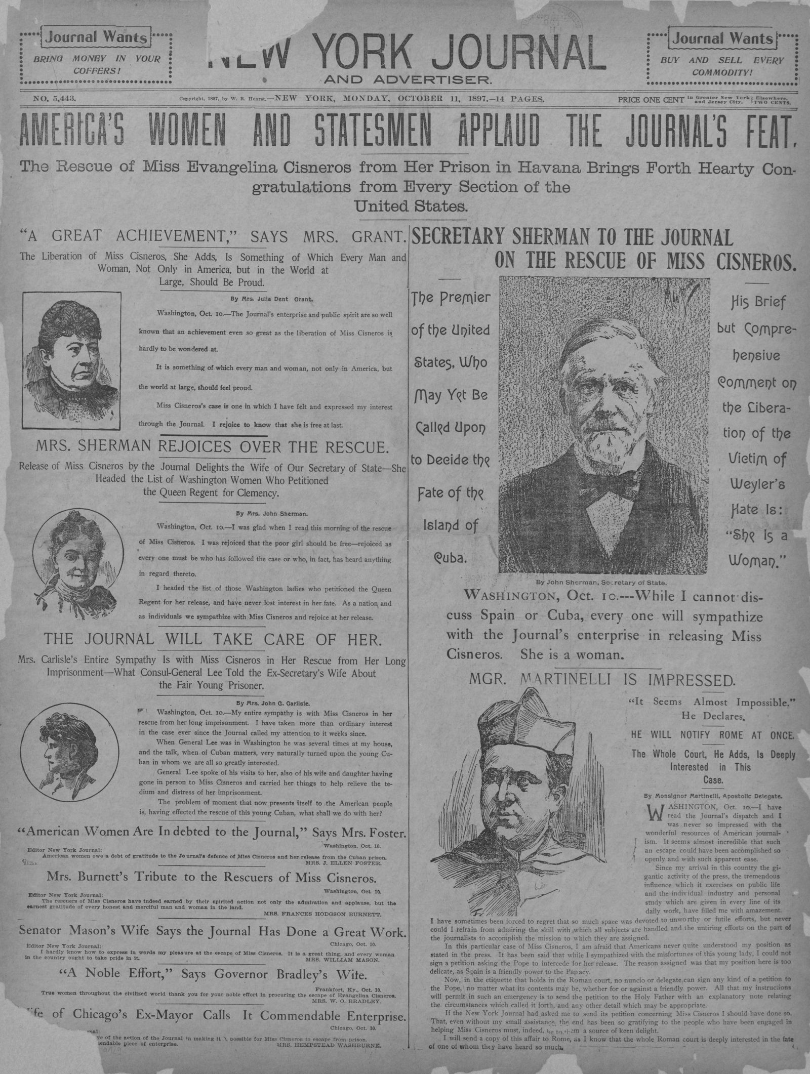 Front page of the New York Journal and Advertiser, Monday 11 October 1897. The headline reads America's Women and Statesmen Applaud the Journal's Feat, over reprinted letters of congratulation from prominent women and officials, with engraved portraits of them. The line under the masthead reads Copyright, 1897, by W. R. Hearst, and Price One Cent.