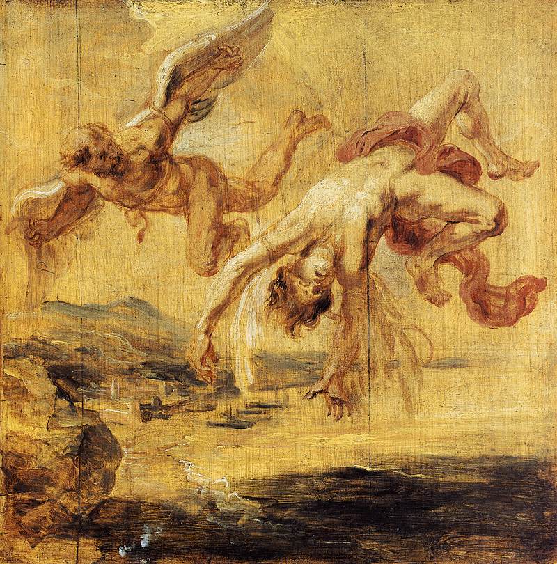 A winged figure plunges from a stormy sky in a 17th-century oil sketch