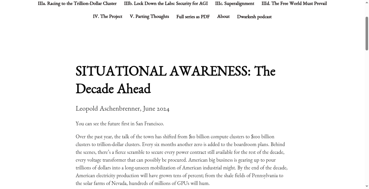 Homepage of situational-awareness.ai showing the Situational Awareness essay title and opening
