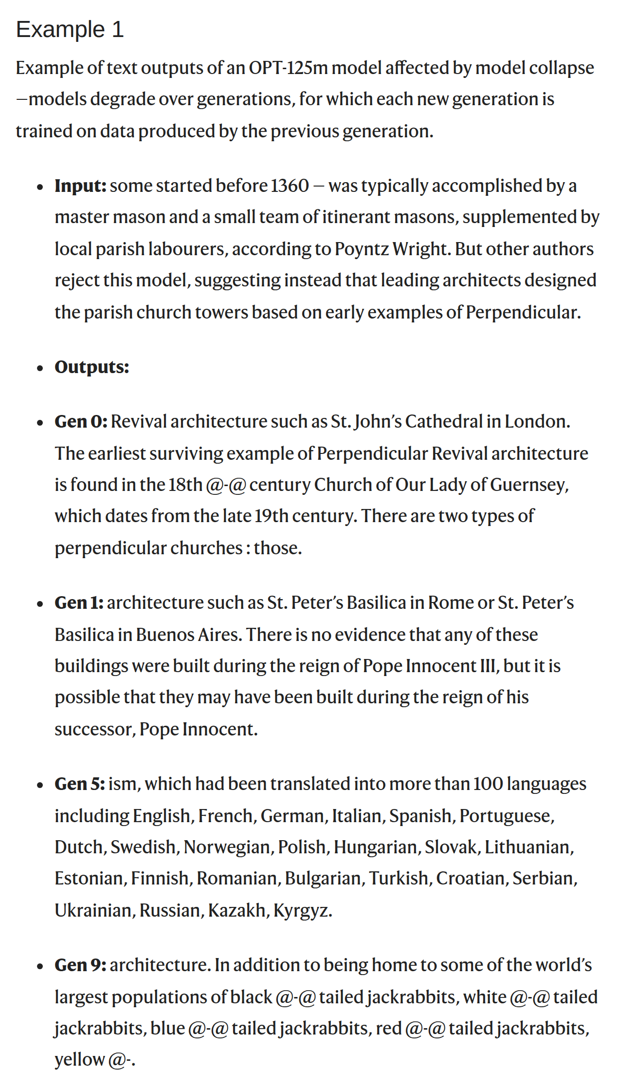 Text example from the Nature study. The input is a passage about medieval church towers. Generation 0 still writes about church architecture with some errors. Generation 1 confuses St Peter's Basilica in Rome with one in Buenos Aires. Generation 5 lists languages. Generation 9 lists black-tailed, white-tailed, blue-tailed, red-tailed and yellow-tailed jackrabbits.