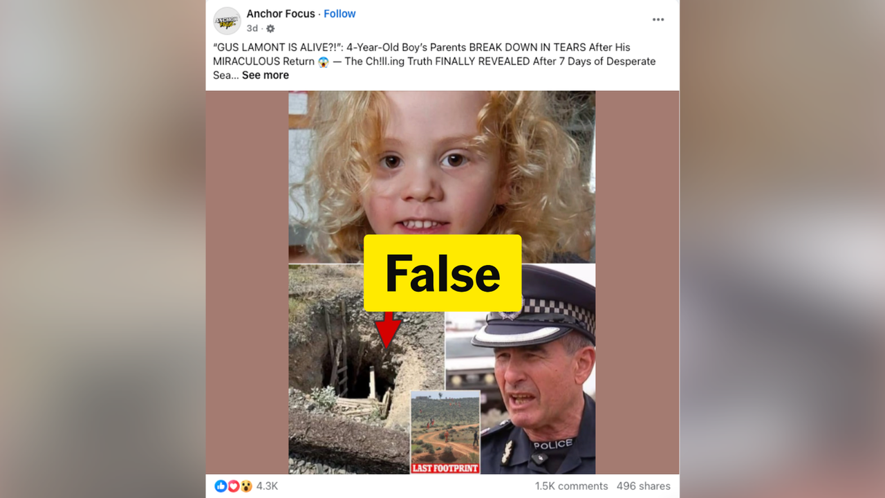 Screenshot of an Anchor Focus Facebook post claiming Gus Lamont miraculously returned, stamped False by fact-checkers