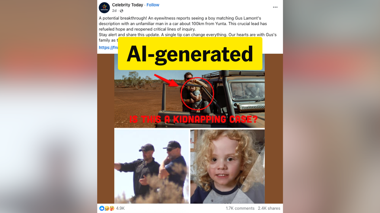 Screenshot of a Celebrity Today Facebook post showing an AI-labeled collage of a man with a child at a vehicle and a photo of Gus