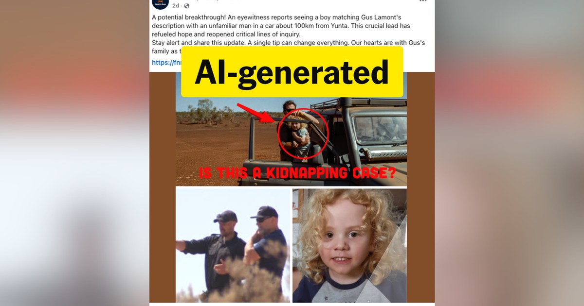 Screenshot of a Celebrity Today Facebook post showing an AI-labeled collage of a man with a child at a vehicle and a photo of Gus